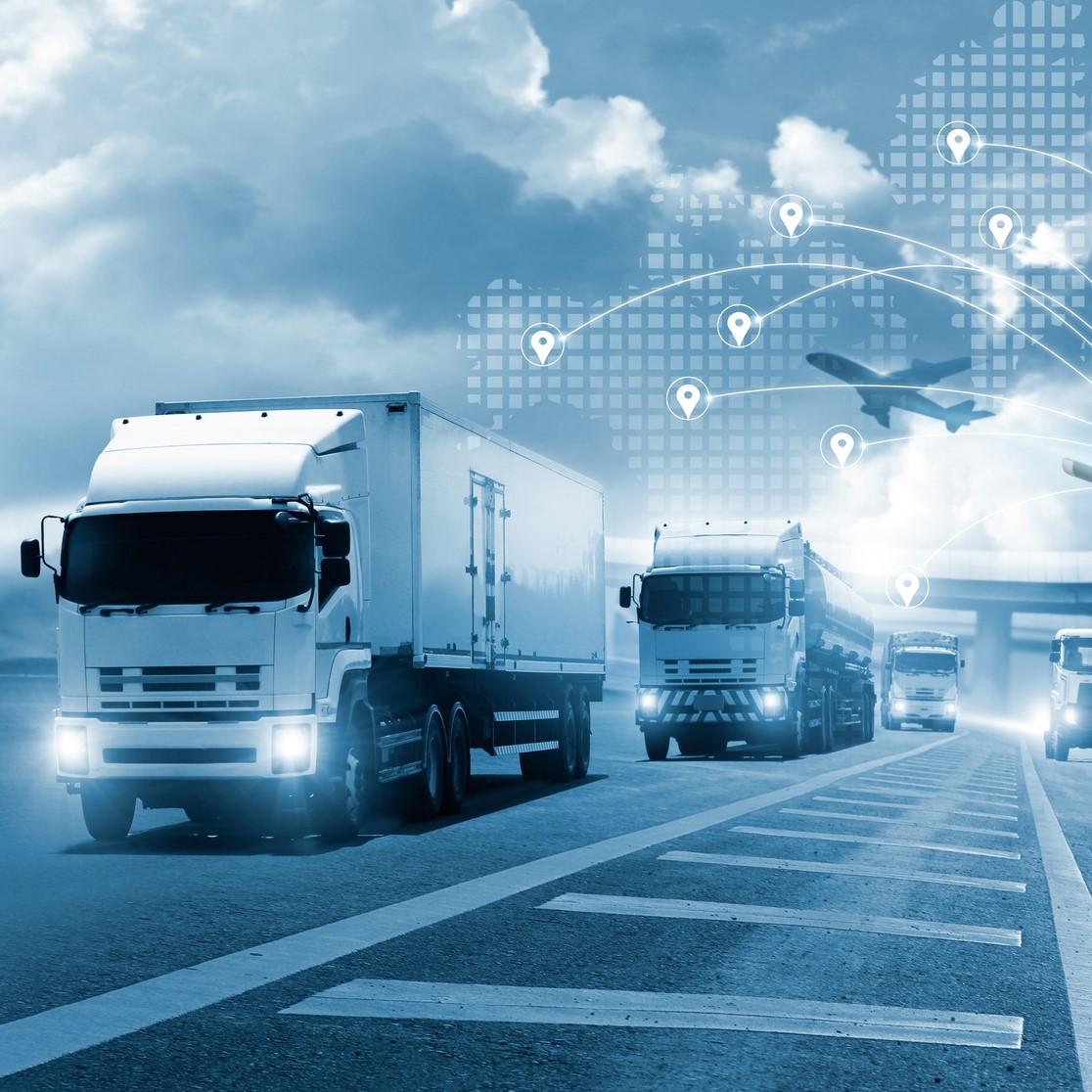 Transport and logistic concept, Freight shipping online, Businessman using tablet and data for global logistic network distribution on world map background, Business and technology, Blue tone.